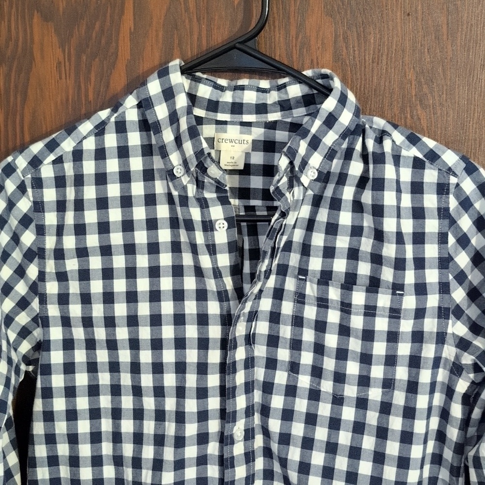 Crewcuts Navy & White Checkered Button Down Long Sleeve Shirt Size Boys 12 - Picture 3 of 6